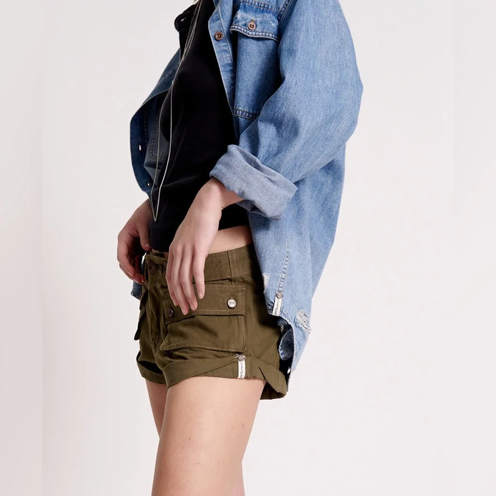 NWOT One Teaspoon Cadet Bandits Low Waist Denim Shorts Dark Khaki Army Green 33
